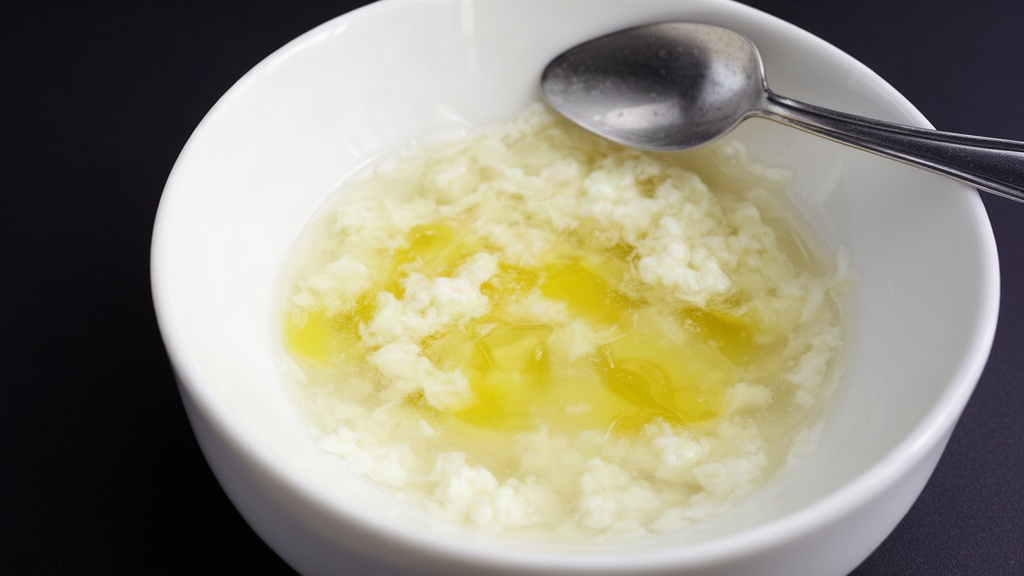 Um molho branco com textura granulosa e separação de gordura em uma tigela de cerâmica branca, demonstrando o erro de superaquecimento.