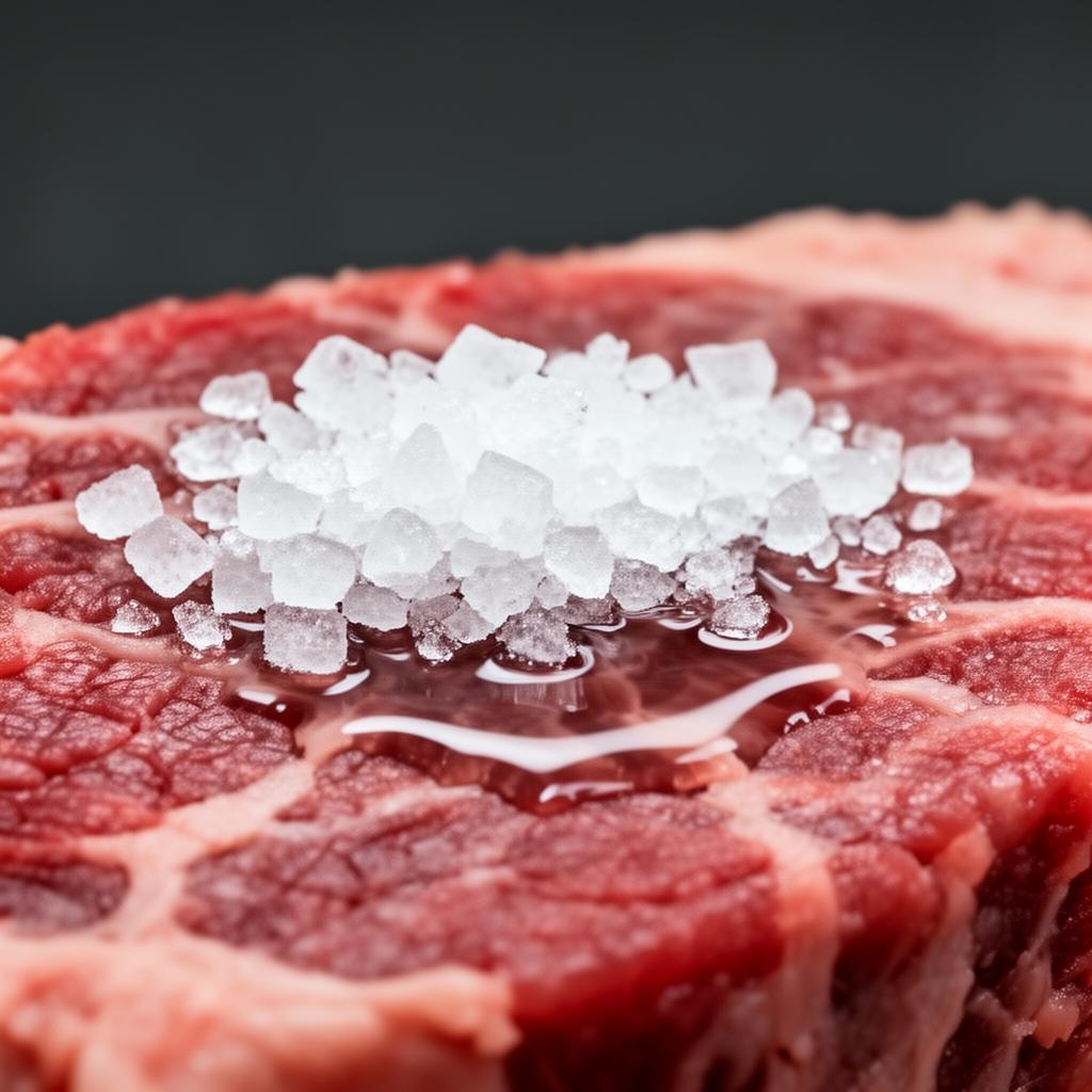 Close-up de cristais de sal dissolvendo na superfície da carne crua, mostrando a extração de umidade