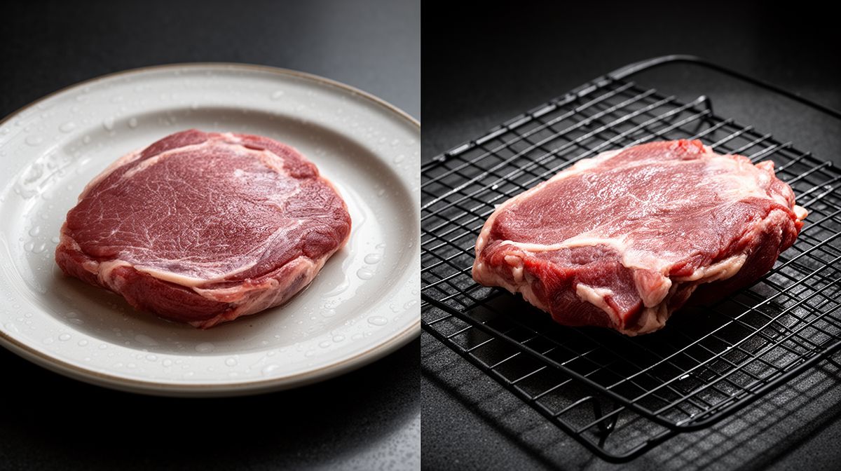 Comparação visual entre carne crua sobre prato úmido e sobre grelha de ar para secagem superficial