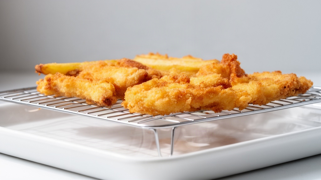 Alimentos fritos escorrendo em uma grade de arame sobre uma bandeja, garantindo crocância.