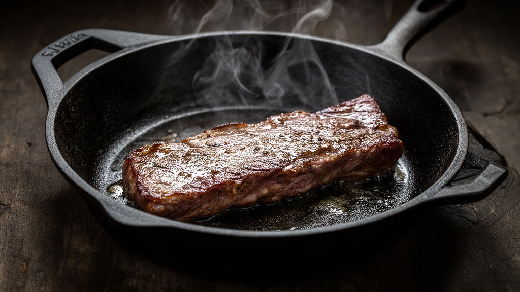 Close-up de carne sendo selada em frigideira de ferro fundido, ilustrando a retenção de calor e a formação de crosta dourada