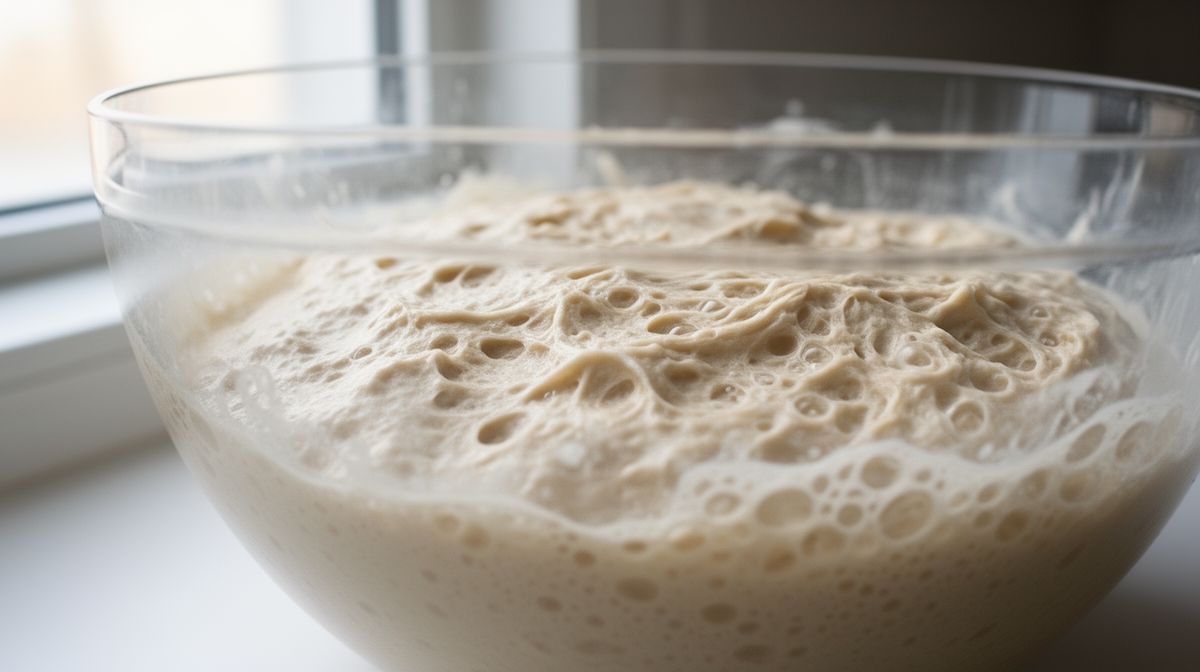 Massa em fermentação em tigela de vidro revelando a rede de glúten