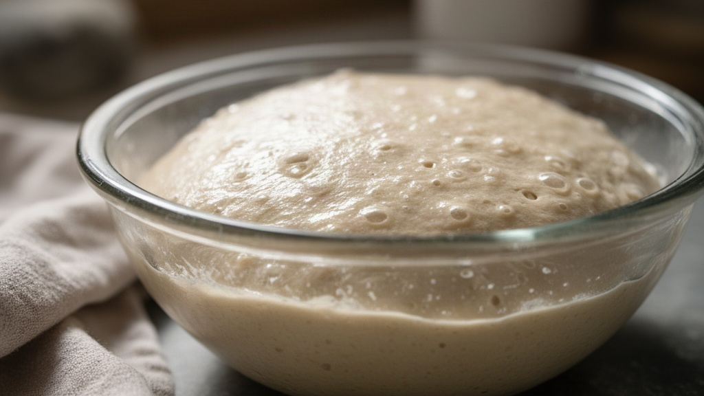 Massa de pão em processo de fermentação, com superfície tensa e brilhante indicando desenvolvimento do glúten