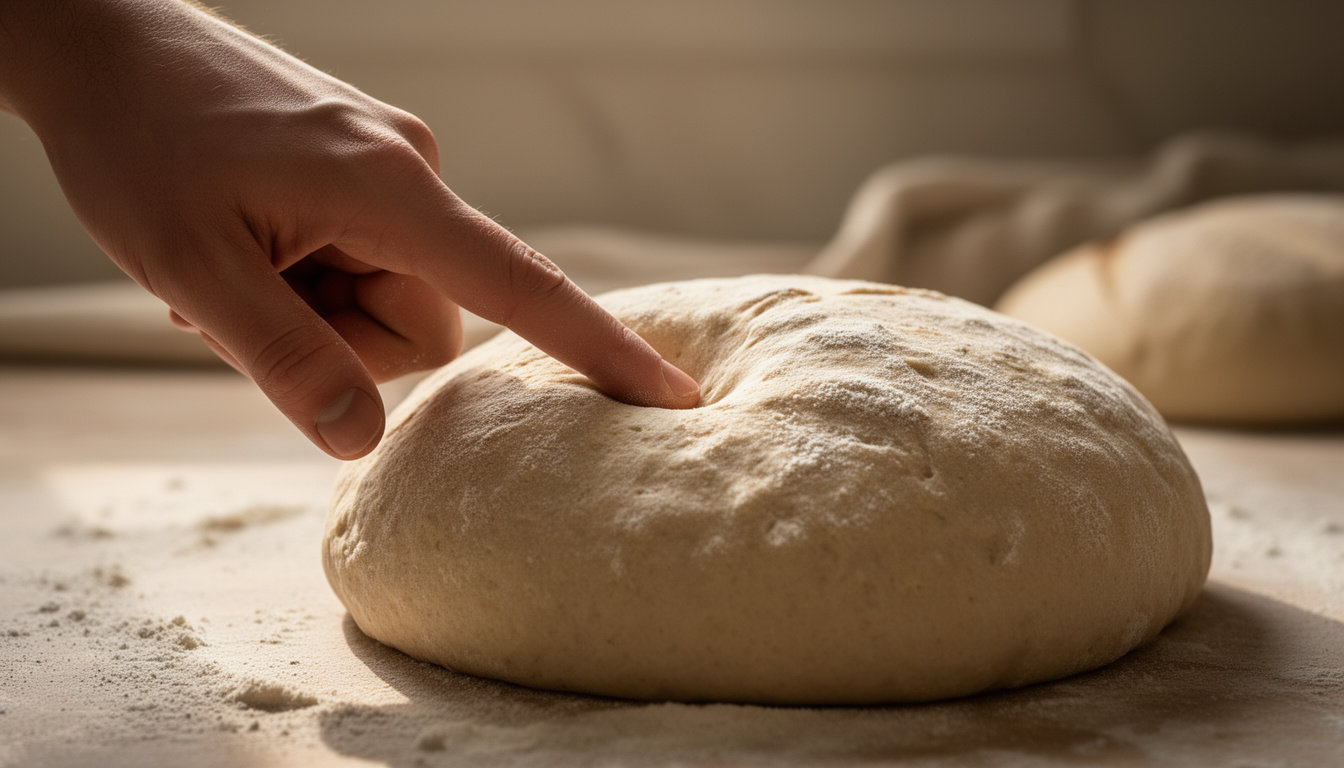 Teste de poke em pão fermentado para verificar a tensão superficial e o ponto ideal de fermentação
