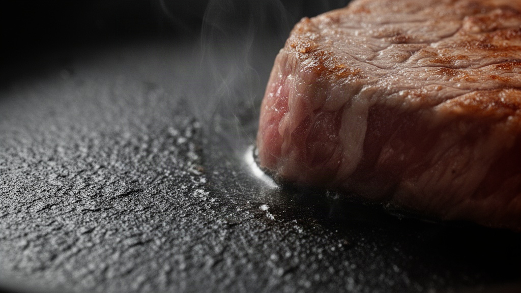 Macro detail of raw meat searing on a hot cast iron surface, showing initial steam and heat transfer, illustrating the physical principles of cooking