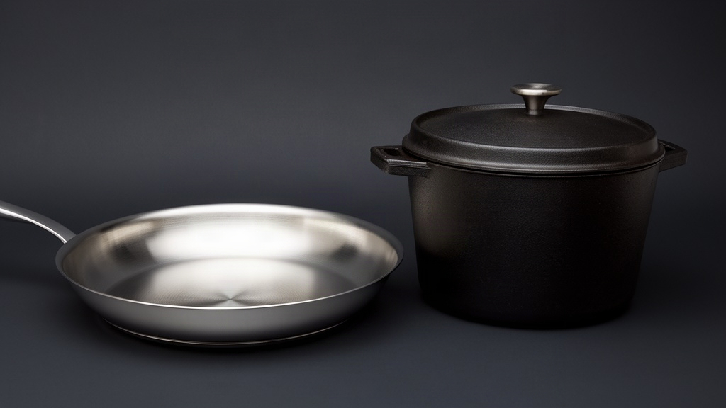 Side-by-side arrangement of a wide stainless steel pan and a tall cast iron Dutch oven, comparing their shapes, bases, and thermal mass potential