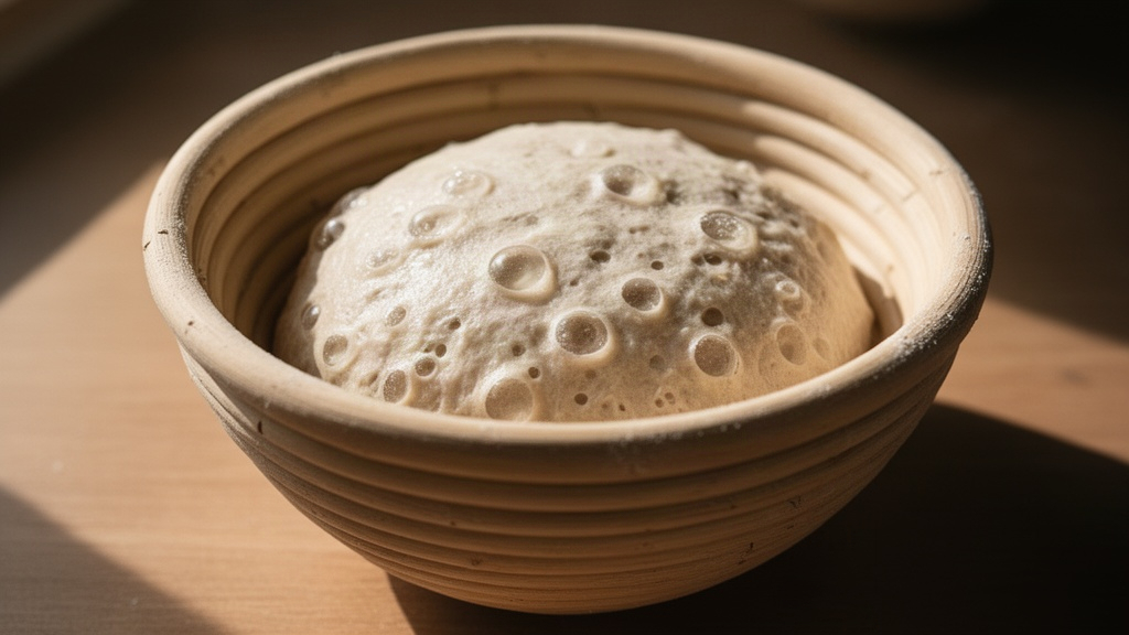 Massa de pão fermentando em cesto banneton, com bolhas de ar visiveis na superficie da massa durante a fermentação em ambiente quente.