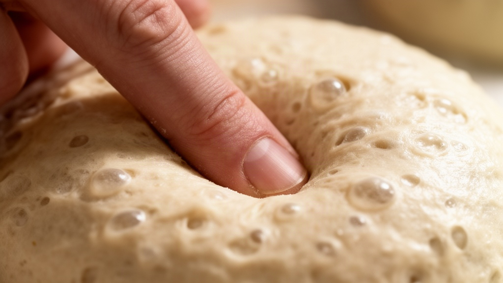 Dedo pressionando suavemente a superfície da massa fermentada para testar elasticidade e ponto