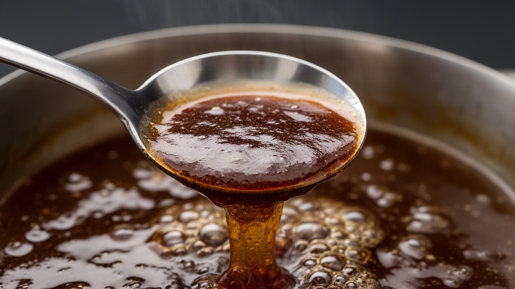 Close-up de uma concha de aço inox mergulhada em caldo de cozimento lento espesso e viscoso, mostrando a textura gelatinosa e brilhante