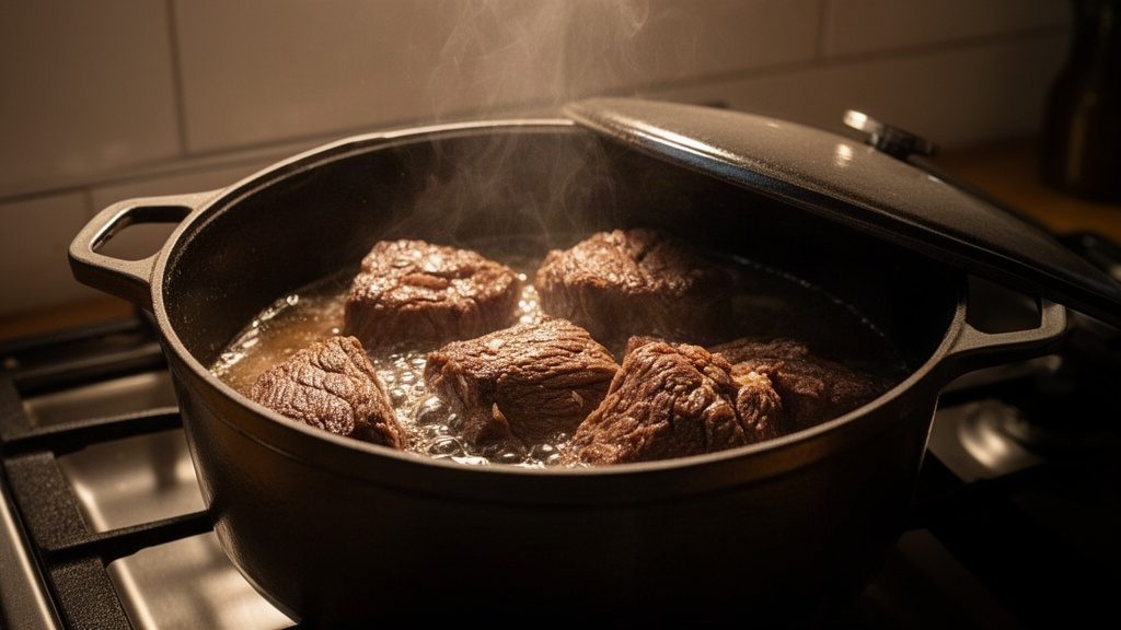 Panela de ferro fundido com tampa entreaberta, mostrando carne cozinhando lentamente em líquido escuro e reduzido