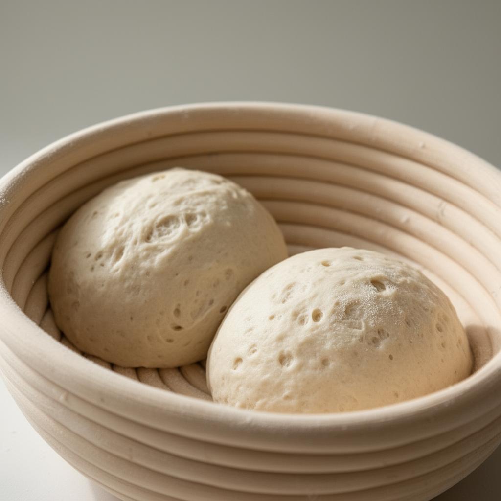 Duas formas de pão de fermento natural descansando em cestos de prova, com superficie lisa e leve abauleamento, sob luz natural difusa.
