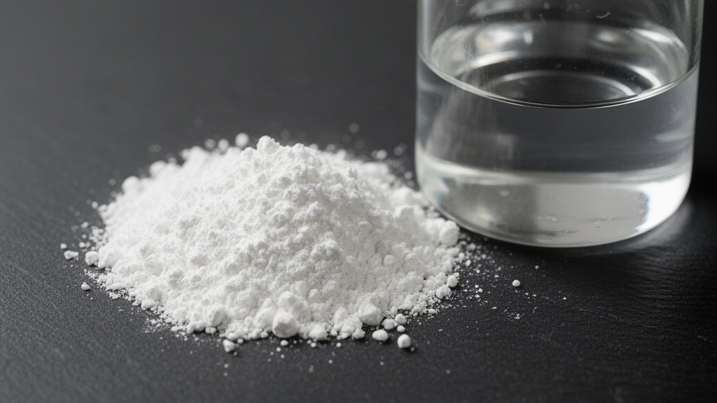 Grânulos de amido em pó e um recipiente com água limpa sobre uma superfície escura, representando os ingredientes antes da gelatinização
