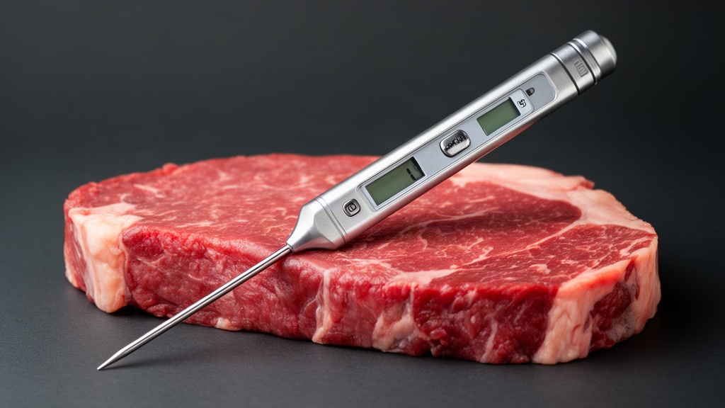 Termômetro digital inserido lateralmente no centro de um bife grosso cru, demonstrando o método correto de medição de temperatura.
