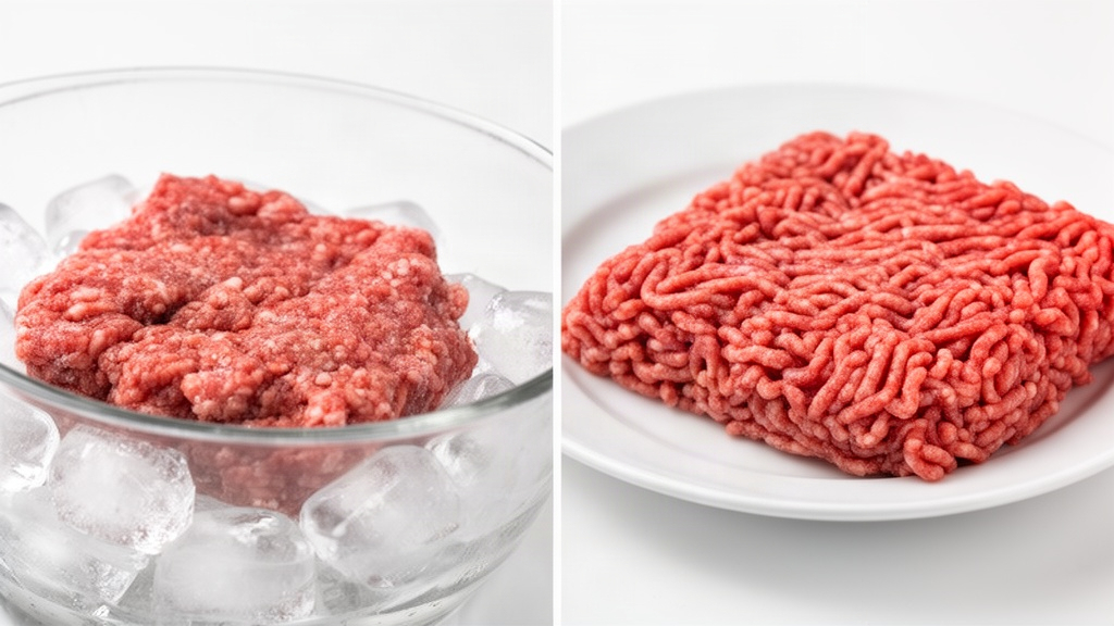 Comparação visual do estado da carne moída: muito fria com gelo versus parcialmente descongelada, mostrando a diferença na estrutura das partículas de gordura.