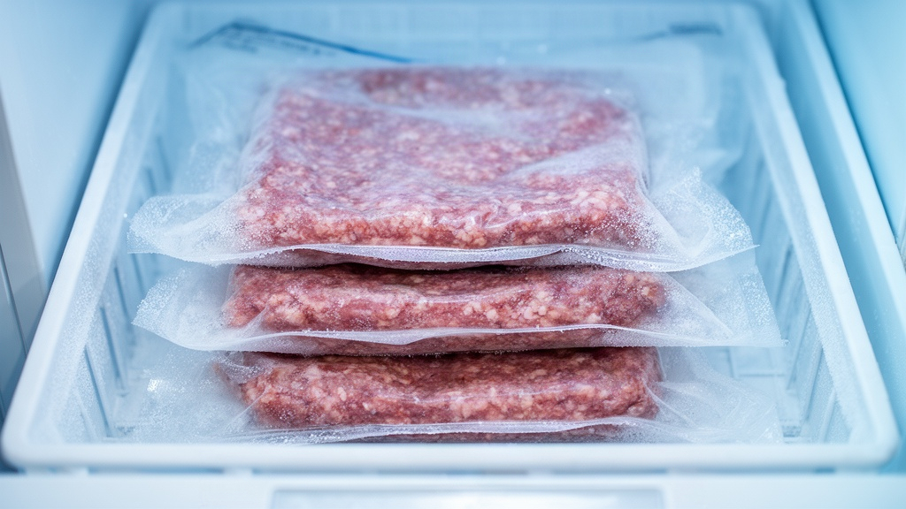 Porções de carne moída seladas a vácuo e achatadas em sacos transparentes, prontas para congelamento rápido no freezer.