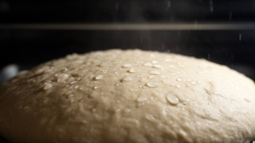 Detalhe macro da superfície de massa crua com gotas de umidade evaporando, ilustrando o ambiente úmido do forno e a gelatinização do amido