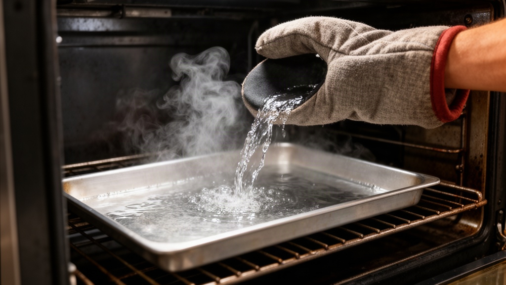 Mão usando luva térmica despejando água fervente em uma assadeira de metal dentro do forno, gerando vapor intenso para criar ambiente úmido