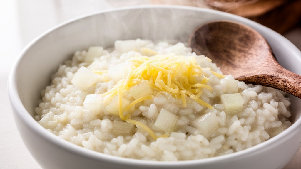 Detalhe de uma tigela de cerâmica branca com arroz cremoso contendo pedaços de cebola e queijo derretido.