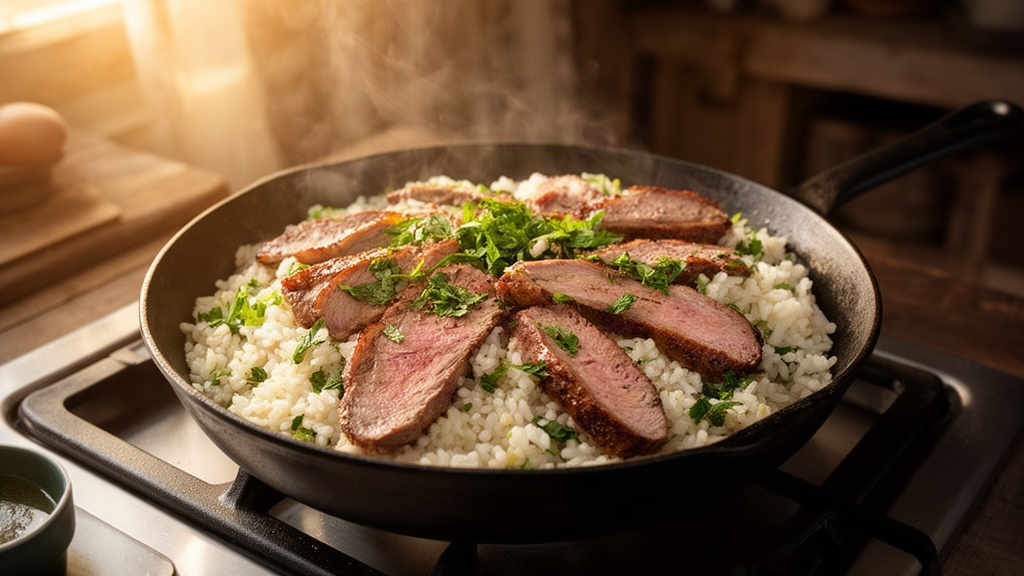 Panela no fogão com rice cremoso misturado a fatias de carne assada e cheiro-verde fresco.