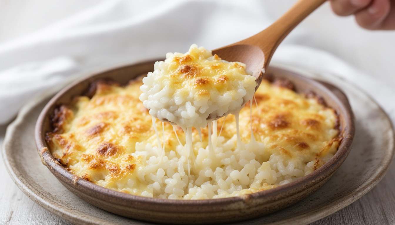 Colher de madeira servindo arroz de forno cremoso com queijo derretido e crosta dourada
