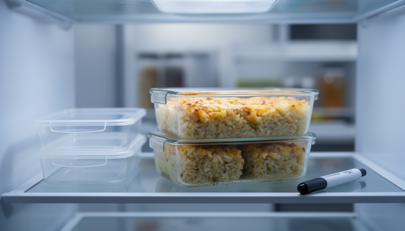 Potes de vidro com porções de arroz de forno prontos para armazenamento na geladeira