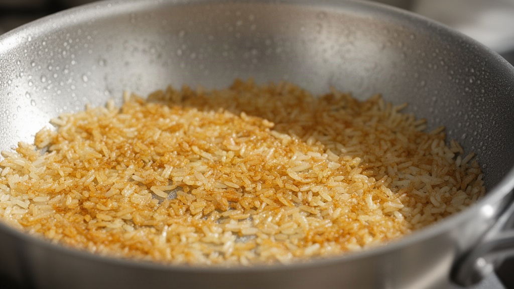 Detalhe da parte interna da panela de alumínio com camada dourada de arroz cozido no fundo