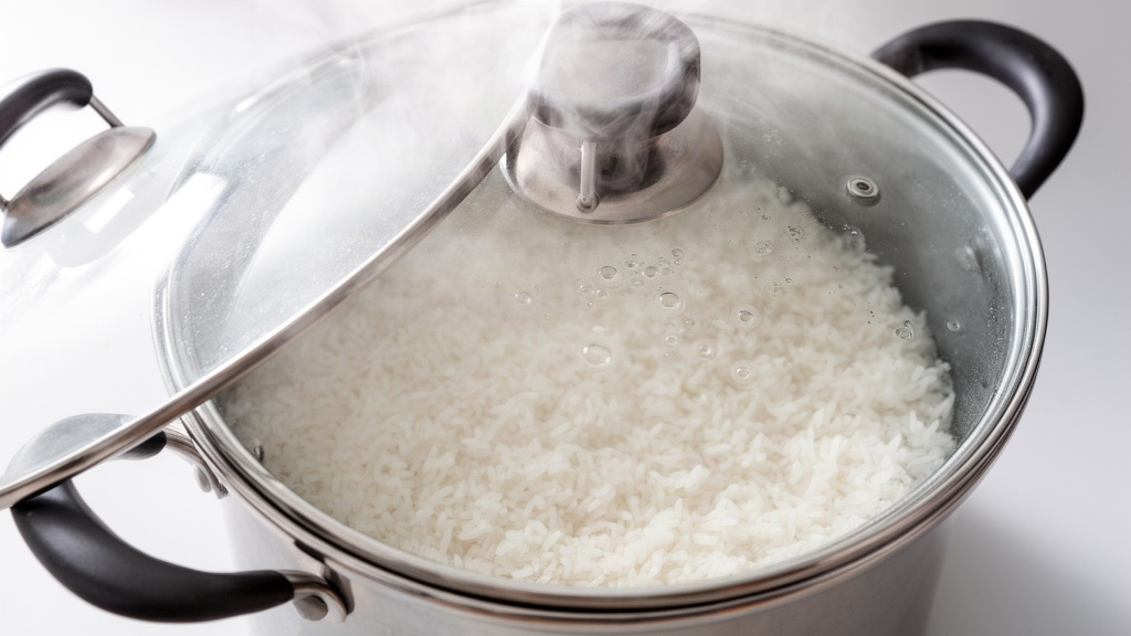 Arroz cozinhando na panela com tampa entreaberta mostrando pequenos furinhos na superfície