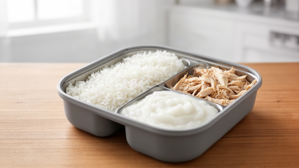 Marmita pronta em recipiente dividido, com arroz, frango desfiado e porção de creme de mandioca em compartimentos separados.