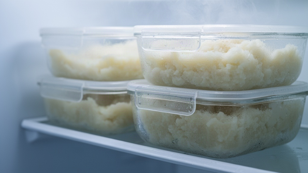 Potes de vidro com creme de mandioca empilhados dentro da geladeira, demonstrando armazenamento correto.