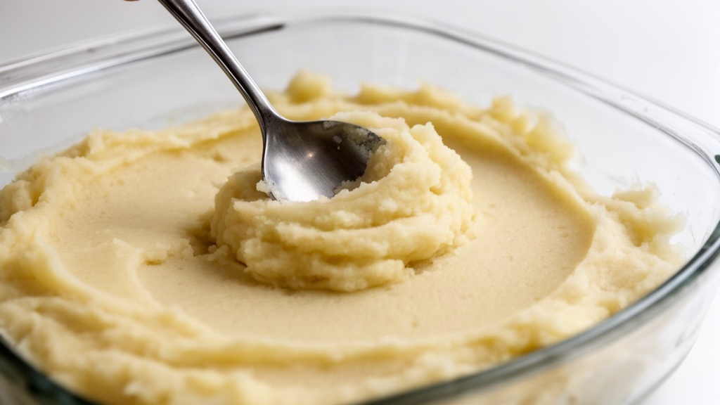 Detalhe do purê de batata sendo espalhado uniformemente no fundo de uma travessa de vidro