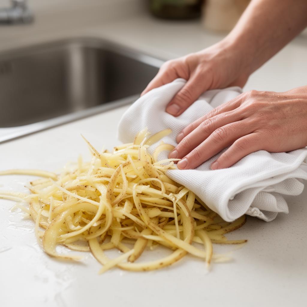 Mãos secando cascas de batata úmidas com um pano de prato branco limpo sobre a bancada da cozinha.