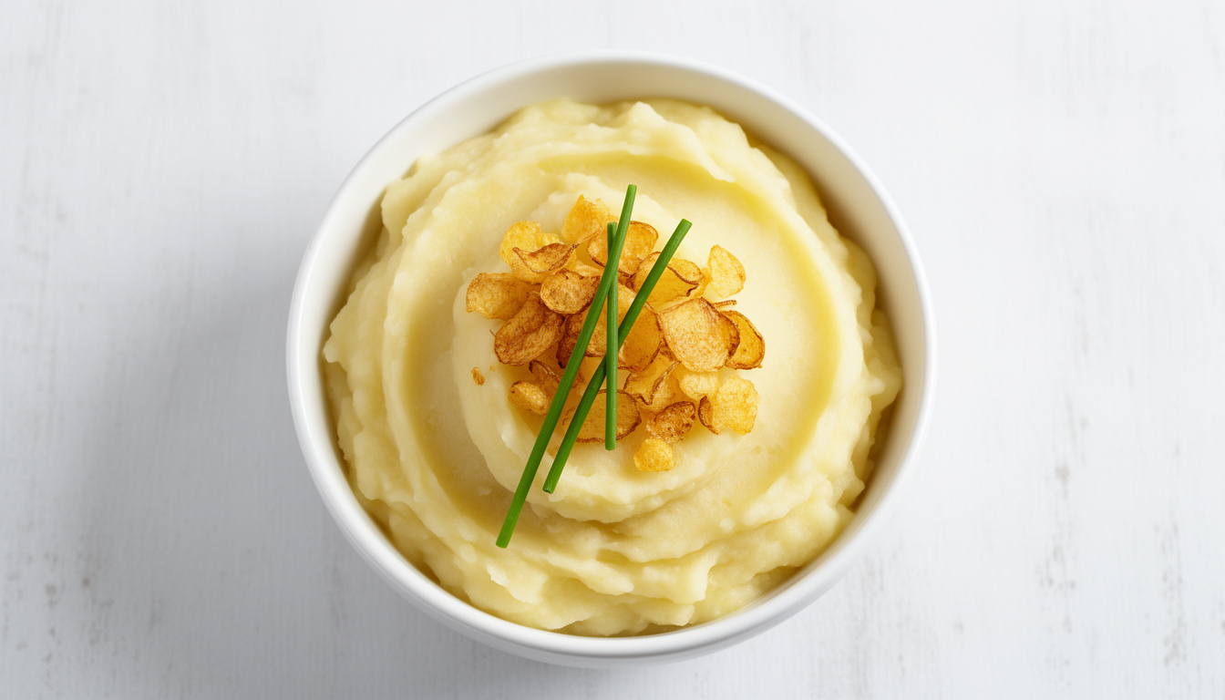 Tigola branca com purê de batata cremoso, decorado no topo com farofa de casca de batata crocante e cebolinha.
