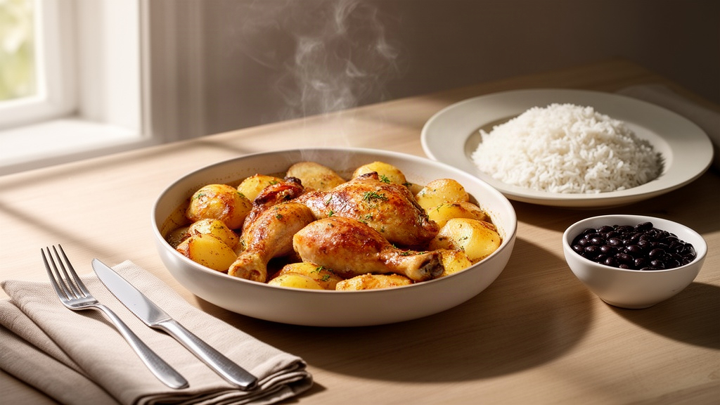 Prato pronto de frango com batata acompanhado de arroz branco e feijão