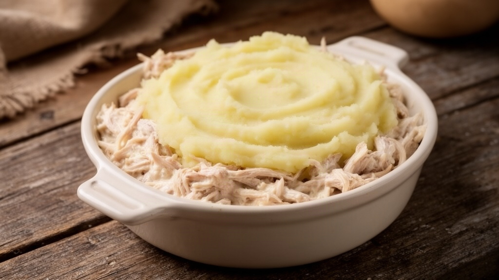 Escondidinho individual de frango com purê de batata pronto para assar
