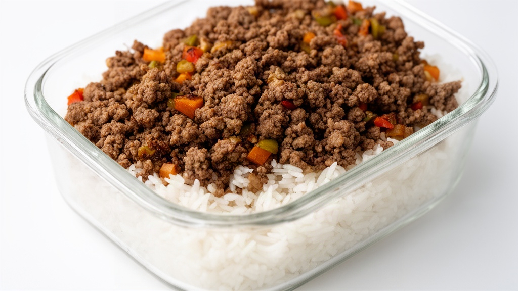Detalhe do preparo de marmita mostrando o arroz no fundo e a carne moída com legumes por cima em pote de vidro