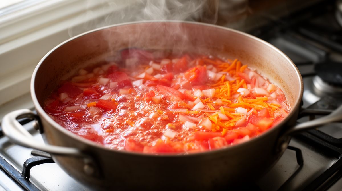 Panela aberta de fundo grosso no fogão com molho de tomate, cebola e cenoura cozinhando sem tampa para reduzir o líquido.