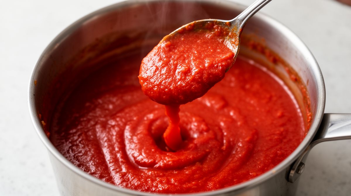 Colher levantando molho de tomate grosso que desce devagar, mostrando a consistência ideal para acompanhar macarrão.
