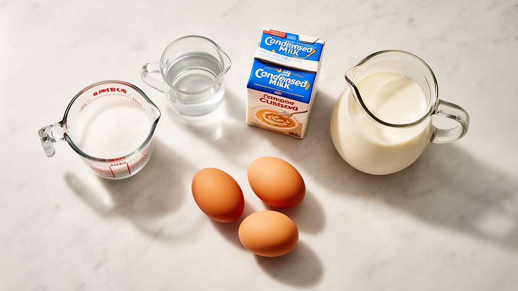 Ingredientes para pudim de leite condensado organizados em superfície clara: açúcar, leite, leite condensado e ovos