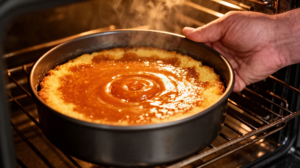 Mão testando o ponto do pudim no forno, mostrando o centro balançando suavemente