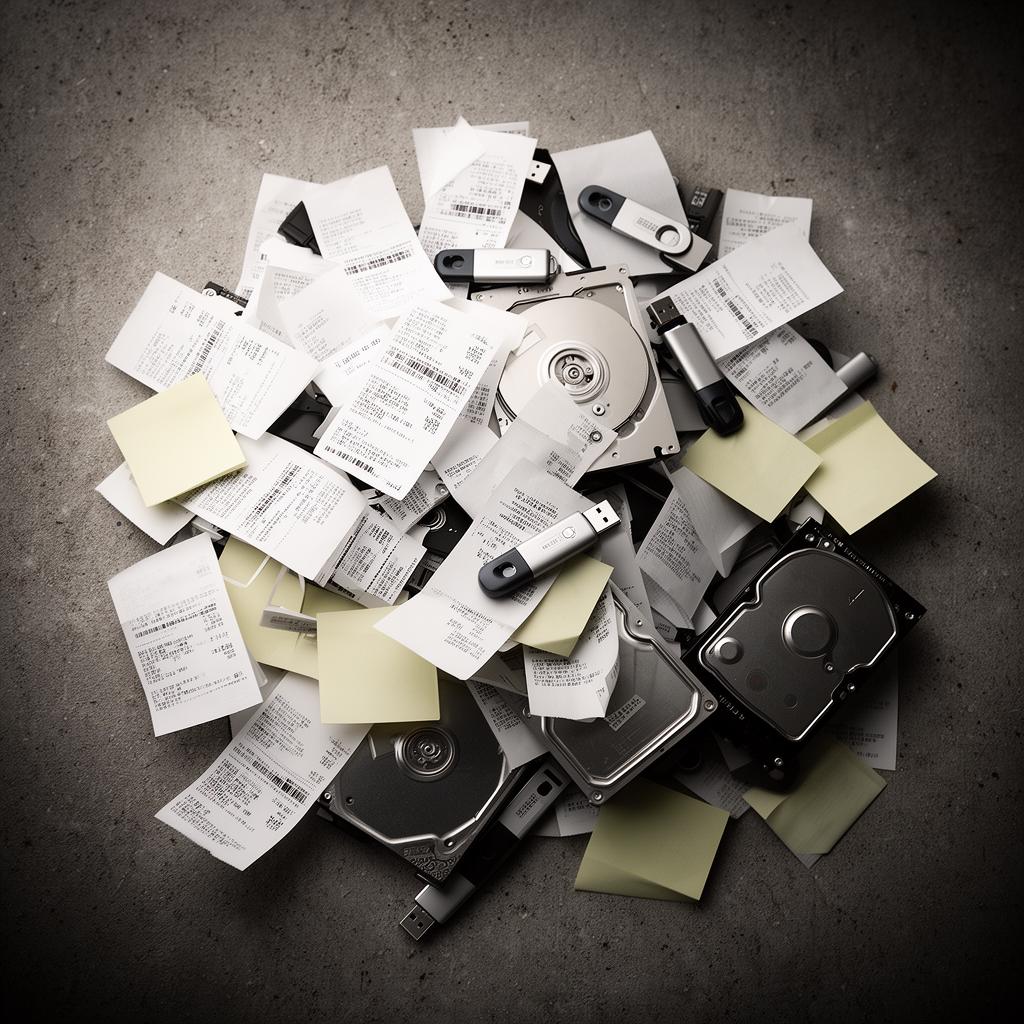 Foto editorial de objetos diversos como recibos, pen drives e notas adesivas espalhados, representando dados fragmentados e desorganizados.