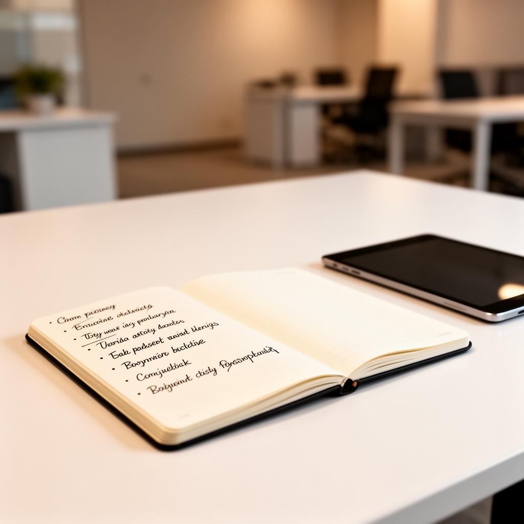 Mesa de trabalho minimalista com um caderno aberto e um tablet, simbolizando organização simplificada e clareza no gerenciamento de dados.