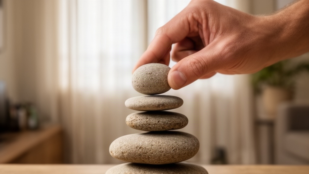 Mão equilibrando pedras sobre uma pilha, simbolizando a construção e o cuidado com o histórico pessoal e a memória.