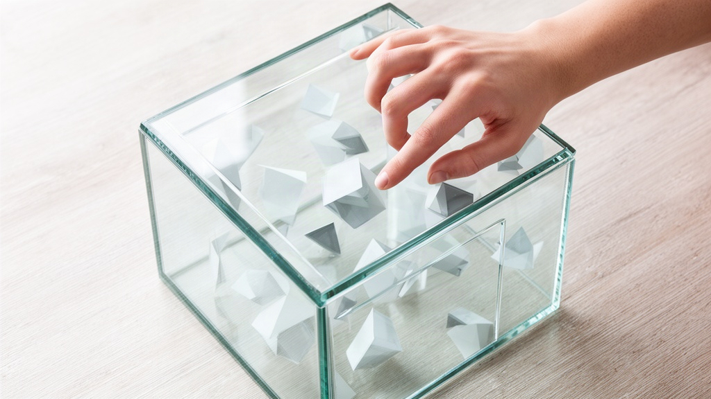 Mão fechando uma caixa de vidro transparente contendo formas geométricas, representando limites, transparência e o direito à recusa.
