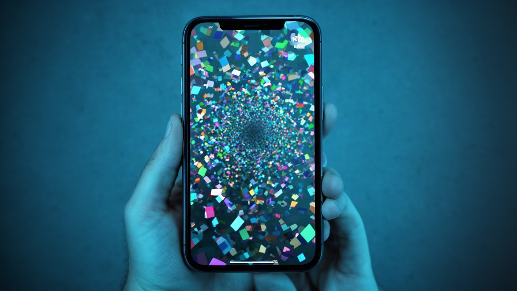 Reflexo hipnotizante em uma tela de celular mostrando formas geométricas que simbolizam o consumo de atenção