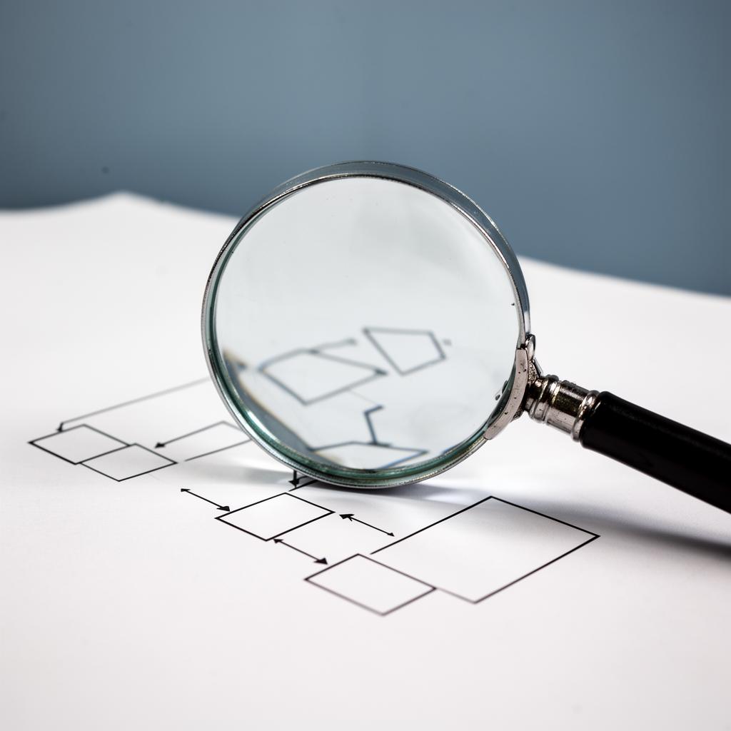 Foto conceitual de uma lupa sobre um diagrama de fluxograma, ilustrando a necessidade de transparência e diagnóstico claro quando sistemas de IA apresentam resultados duvidosos.