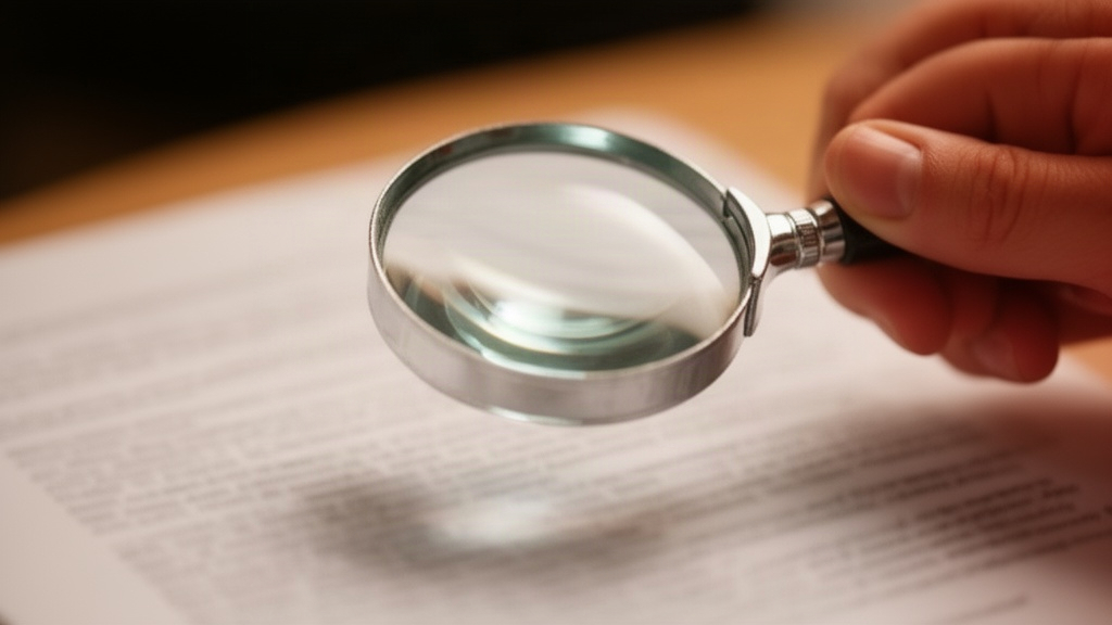 Mão segurando uma lupa sobre um documento impresso, simbolizando a verificação cuidadosa de fontes primárias.