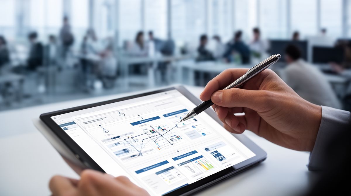 Representação abstrata de fluxo de trabalho organizado em tablet, com foco na estruturação de informações
