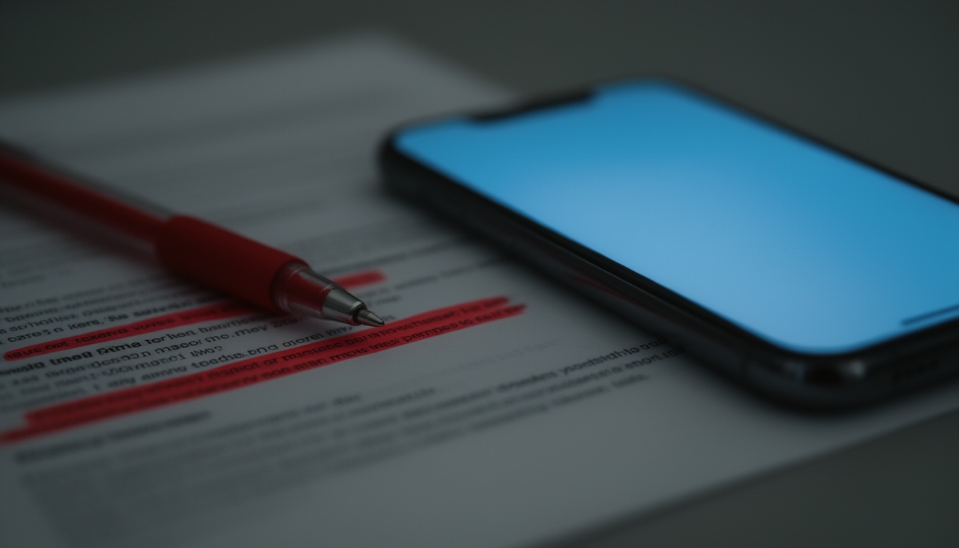 Documento impresso com caneta em destaque ao lado de um smartphone iluminado, simbolizando a necessidade de revisão e limite da IA