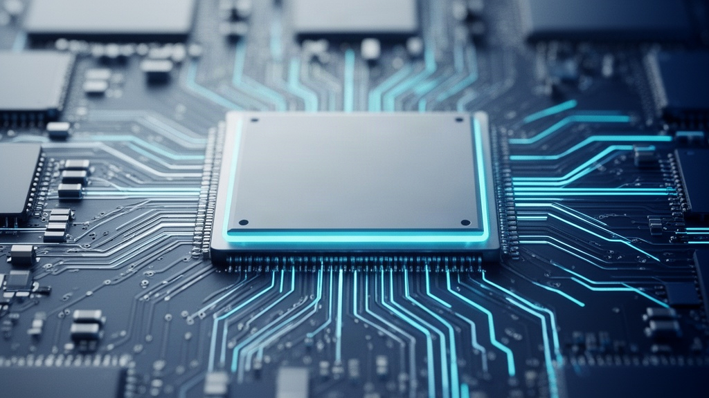Detalhe abstrato de componentes eletrônicos e circuitos integrados, simbolizando o hardware avançado e a memória unificada dos computadores Apple Silicon.