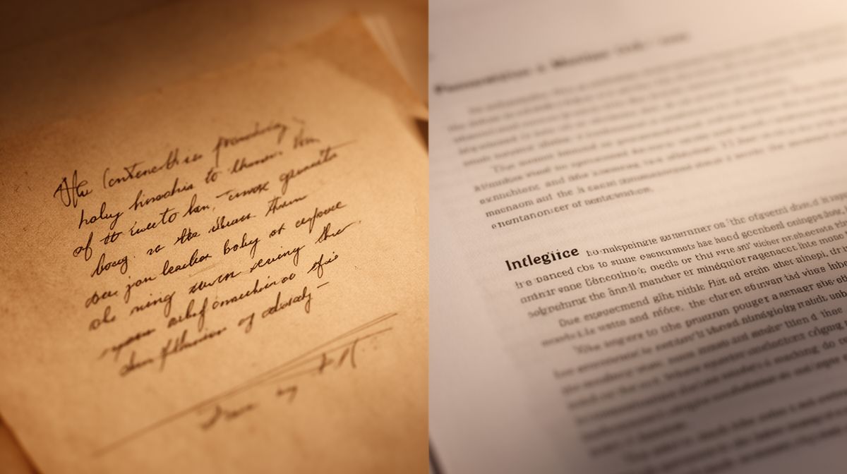 Documento impresso ao lado de uma anotação manuscrita, simbolizando a diferença entre contexto humano e geração mecânica.